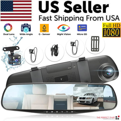 Smart Rearview Dash Cam, 4.3” HD 1080P Dual Camera with G-Sensor, Parking Assist & Loop Recording