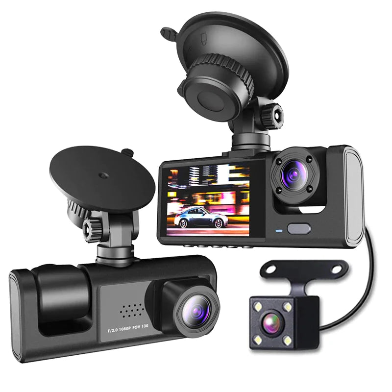 HD 1080P Triple-Lens Dash Cam - Front, Cabin, and Rear Coverage with Parking Sensor & Night Vision