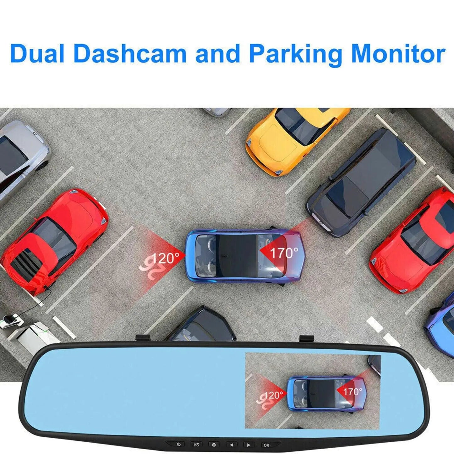 Smart Rearview Dash Cam, 4.3” HD 1080P Dual Camera with G-Sensor, Parking Assist & Loop Recording