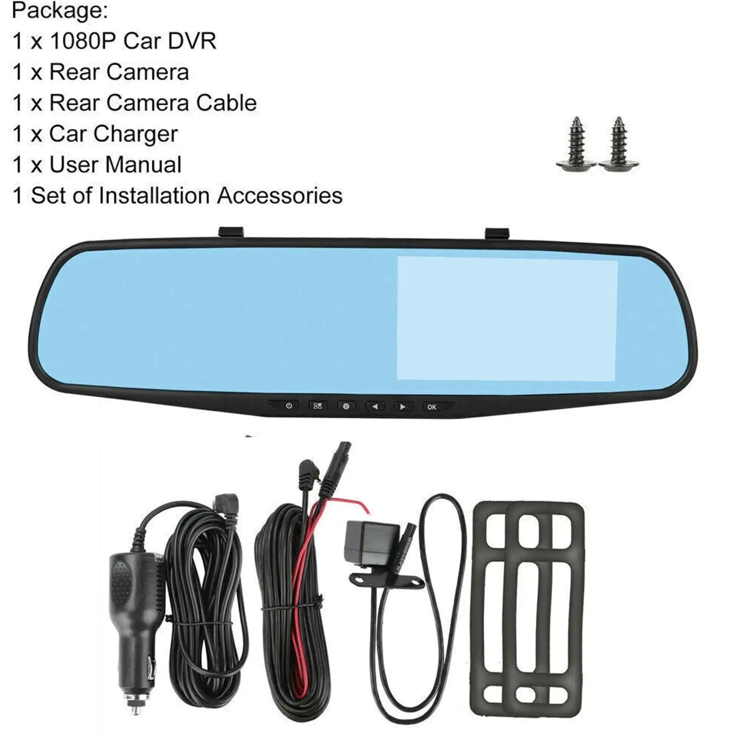 Smart Rearview Dash Cam, 4.3” HD 1080P Dual Camera with G-Sensor, Parking Assist & Loop Recording