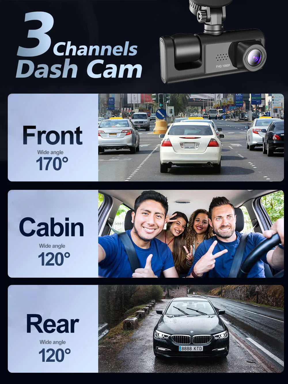 HD 1080P Triple-Lens Dash Cam - Front, Cabin, and Rear Coverage with Parking Sensor & Night Vision