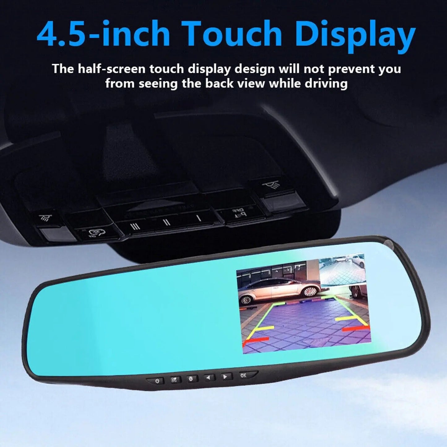 Smart Rearview Dash Cam, 4.3” HD 1080P Dual Camera with G-Sensor, Parking Assist & Loop Recording