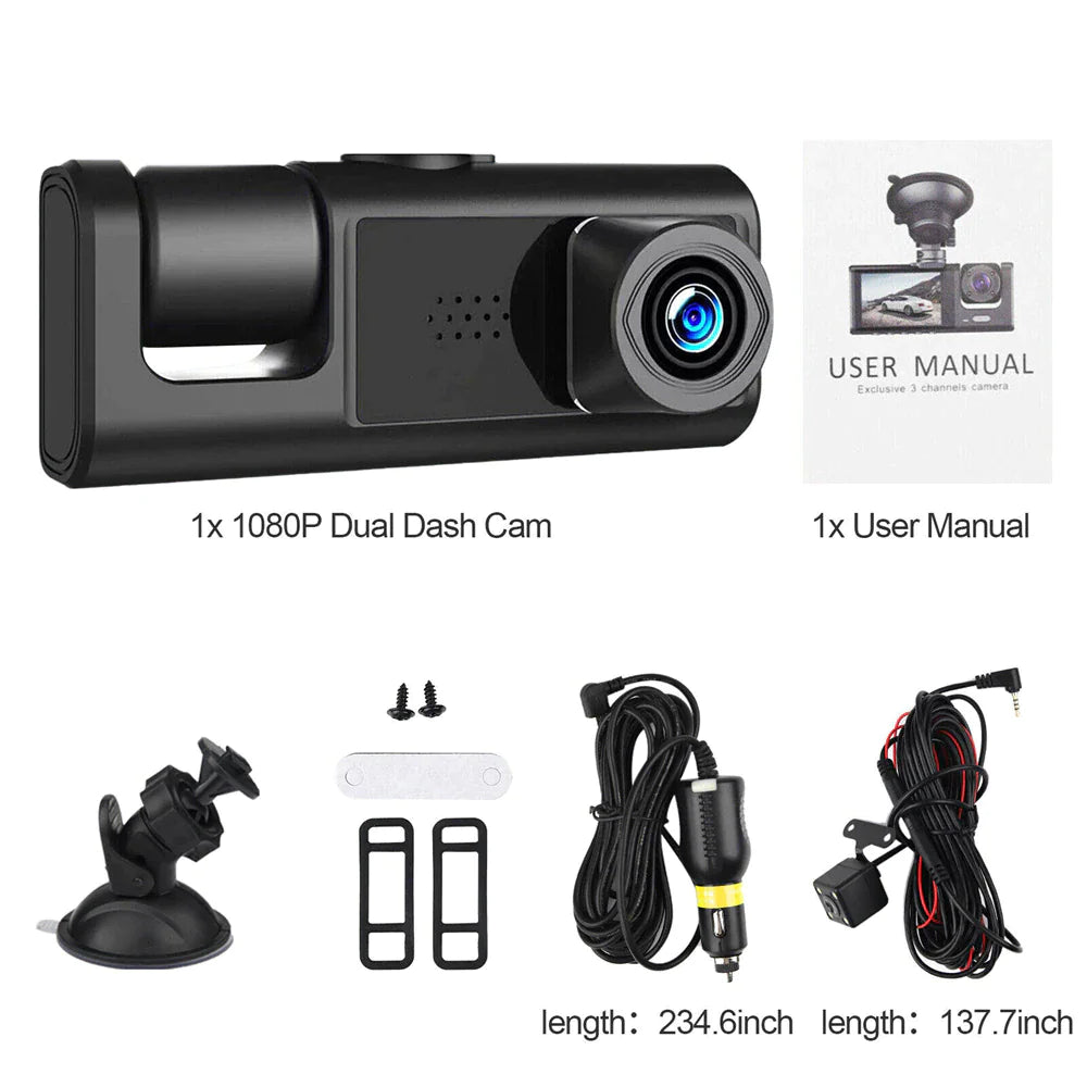 HD 1080P Triple-Lens Dash Cam - Front, Cabin, and Rear Coverage with Parking Sensor & Night Vision