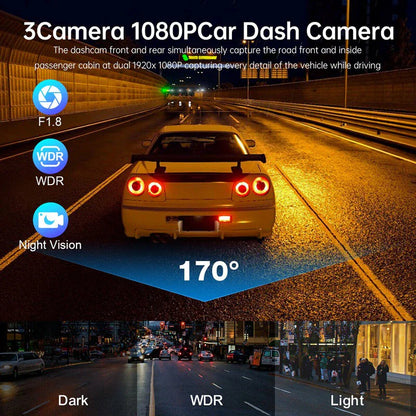 HD 1080P Triple-Lens Dash Cam - Front, Cabin, and Rear Coverage with Parking Sensor & Night Vision