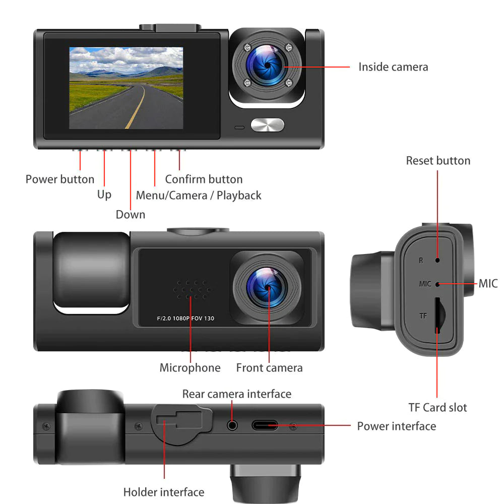 HD 1080P Triple-Lens Dash Cam - Front, Cabin, and Rear Coverage with Parking Sensor & Night Vision