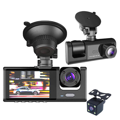 HD 1080P Triple-Lens Dash Cam - Front, Cabin, and Rear Coverage with Parking Sensor & Night Vision