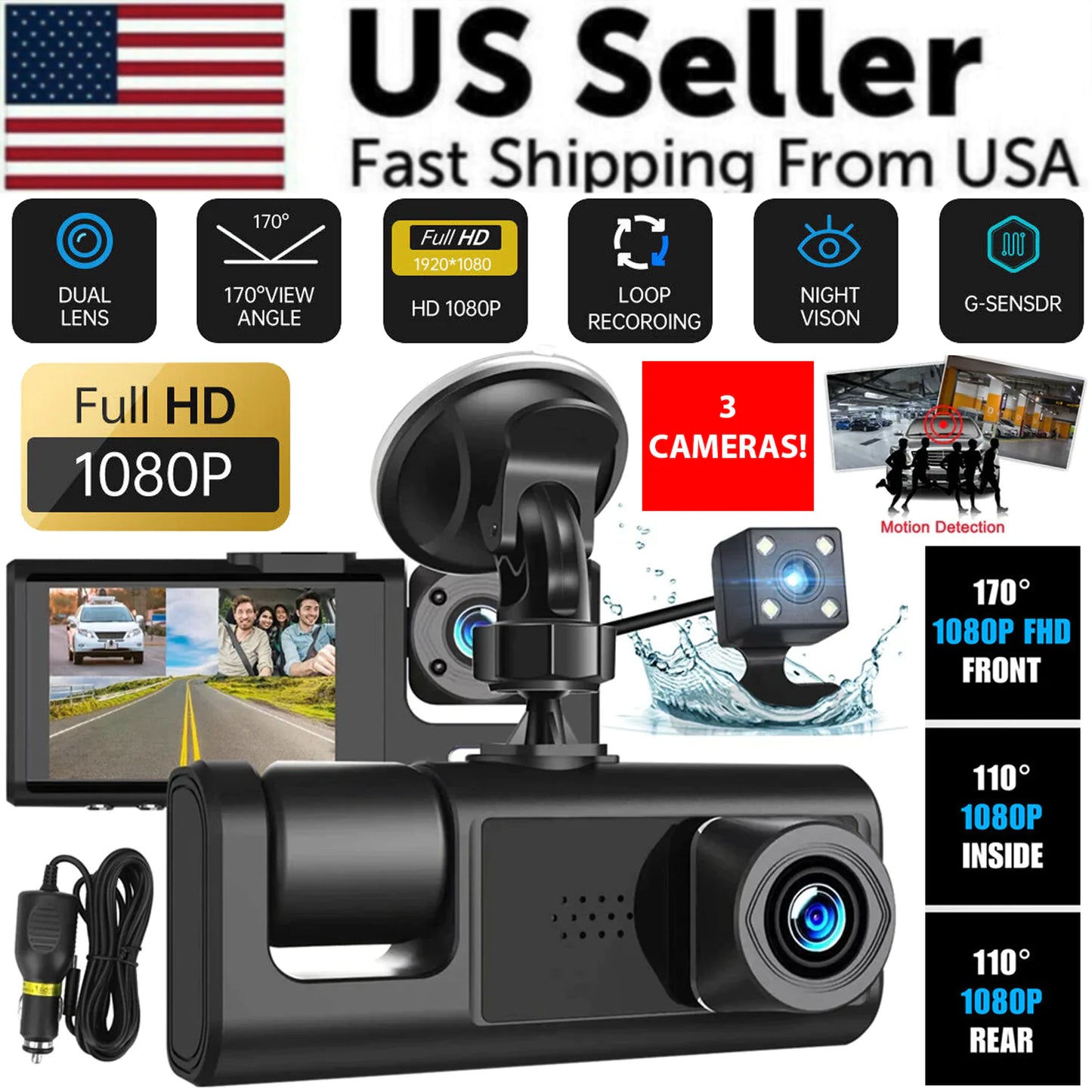 HD 1080P Triple-Lens Dash Cam - Front, Cabin, and Rear Coverage with Parking Sensor & Night Vision