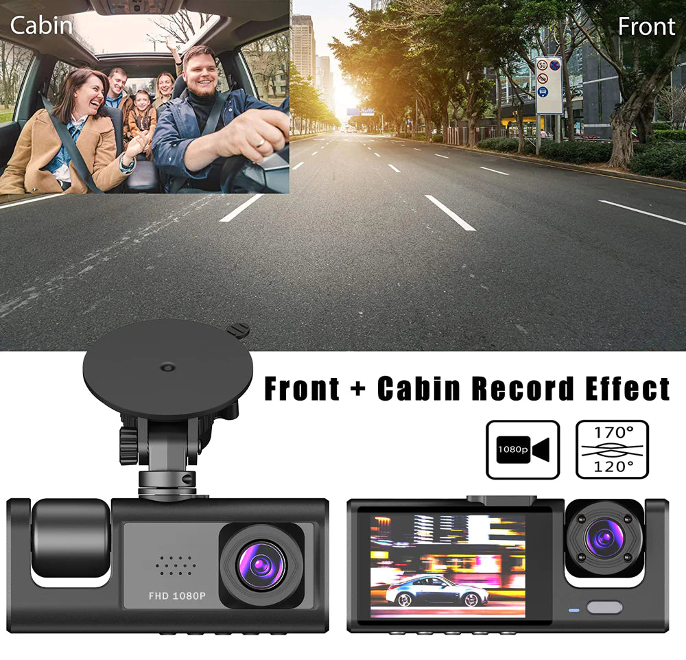 HD 1080P Triple-Lens Dash Cam - Front, Cabin, and Rear Coverage with Parking Sensor & Night Vision