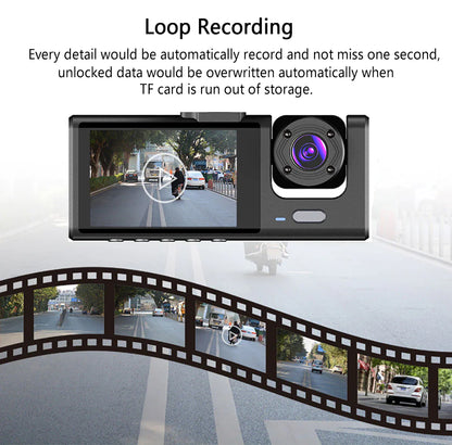 HD 1080P Triple-Lens Dash Cam - Front, Cabin, and Rear Coverage with Parking Sensor & Night Vision