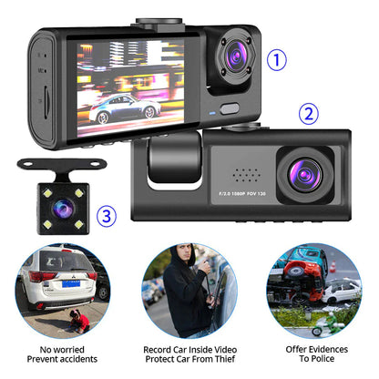 HD 1080P Triple-Lens Dash Cam - Front, Cabin, and Rear Coverage with Parking Sensor & Night Vision