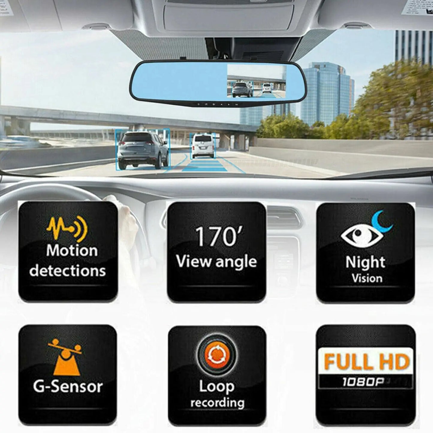 Smart Rearview Dash Cam, 4.3” HD 1080P Dual Camera with G-Sensor, Parking Assist & Loop Recording