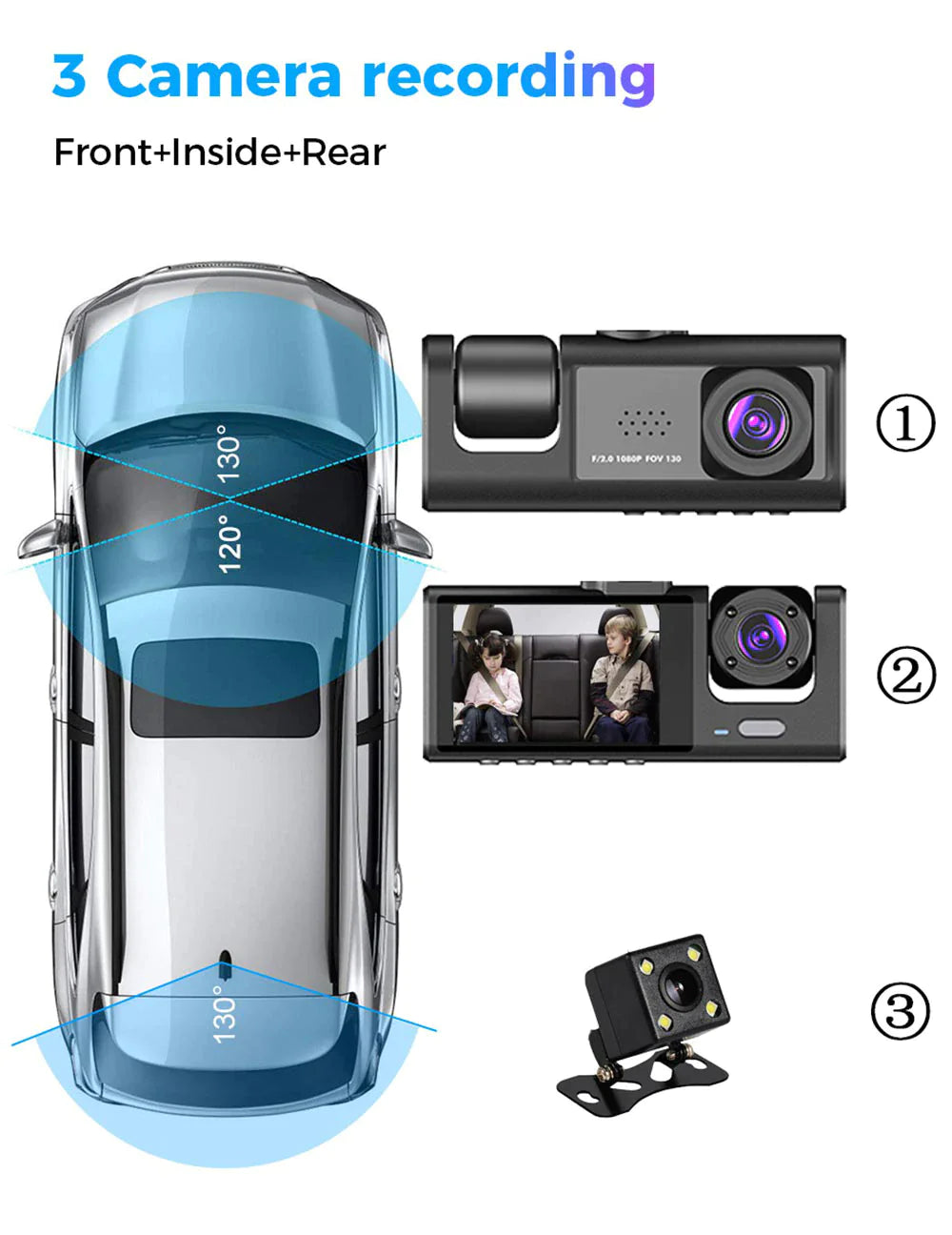 HD 1080P Triple-Lens Dash Cam - Front, Cabin, and Rear Coverage with Parking Sensor & Night Vision