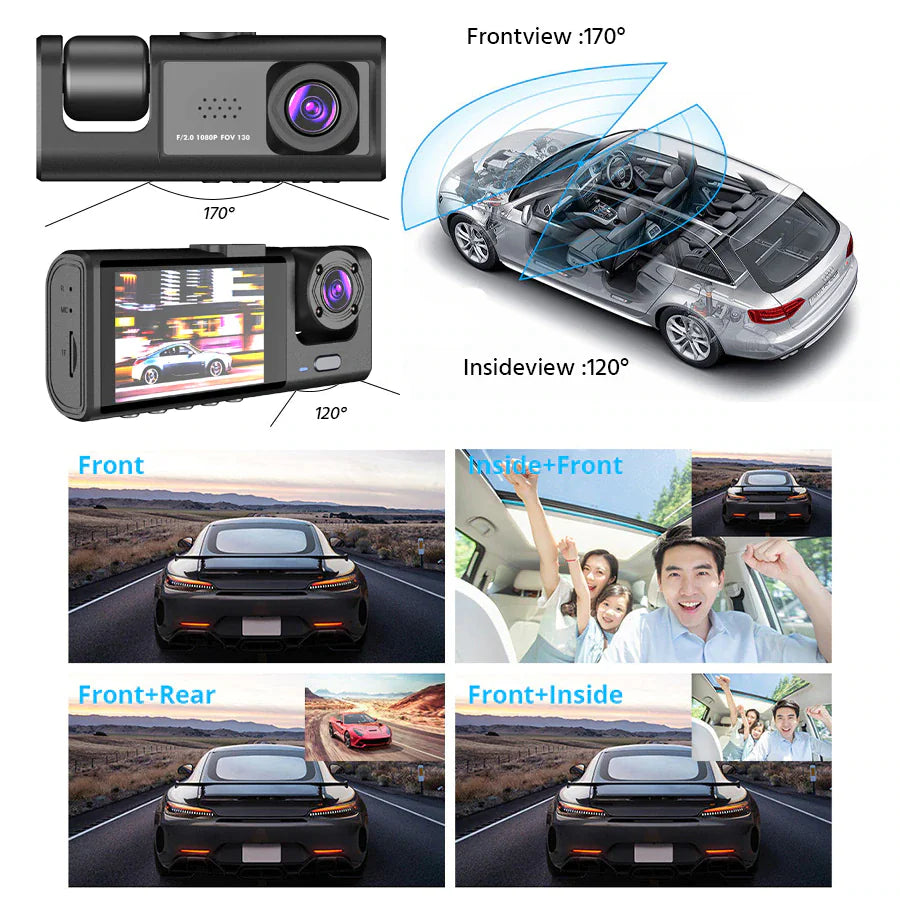 HD 1080P Triple-Lens Dash Cam - Front, Cabin, and Rear Coverage with Parking Sensor & Night Vision